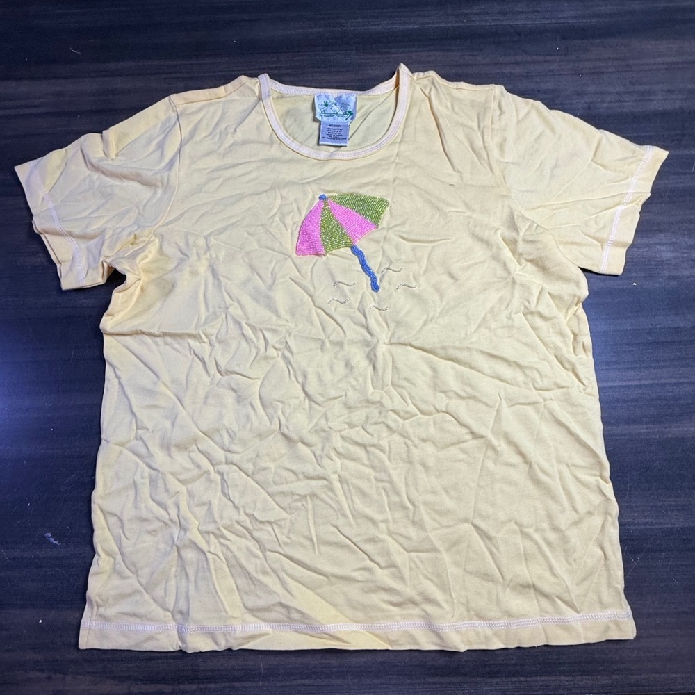 The Quacker Factory Yellow Beaded Beach Umbrella Cotton Tee Shirt Medium